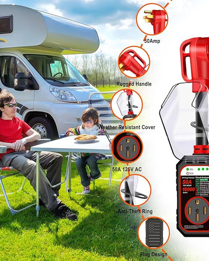 RV Surge Protector 50 Amp Flag Design - Upgraded 16000J Power Surges Voltage Protection Circuit Analyzer IP68 Waterproof Cover for 50A RVS Camper Trailer Must Haves (50Amp, Red)