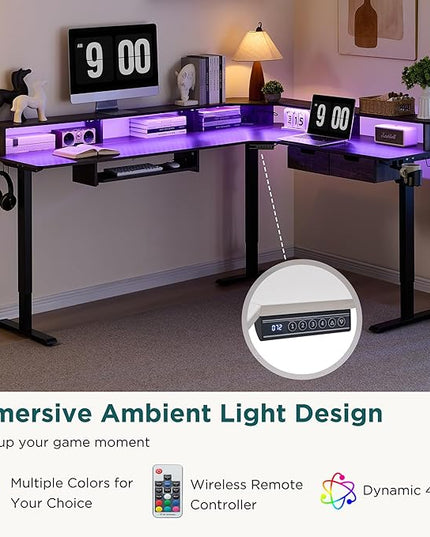 RedLemon 75X60 Inches L Shaped Electric Standing Desk,Height Adjustable Corner Gaming Desk with Drawers, Keyboard Tray, Power Outlets & LED Lights, Computer Desk with Monitor Shelf, Dark Rustic Oak