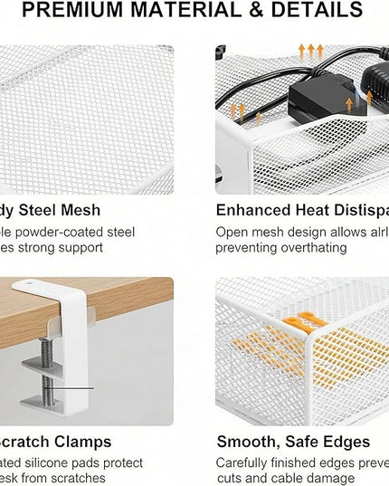 Extra Wide Under Desk Cable Management - No Drill Installation Cable Management Tray, Modern Cord Organizer for Office/Home Desk, Fits Power Strips & Wires((White, XL)