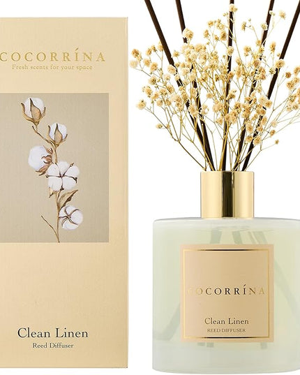 COCORRÍNA Reed Diffuser - Clean Linen 17 Fl.oz Reed Diffuser with 8 Sticks Scented Diffuser with Preserved Flowers for Bathroom Home Decor