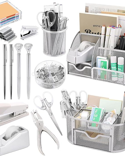 17 in1 Silvery Desk Organizers and Accessories Set, 3 Office Desk Supplies Storage Organization, 4 Pens, Stapler, Staples & Remover, Tape & Dispenser, Scissors, Ruler, Clips, Hole Punch Back to School
