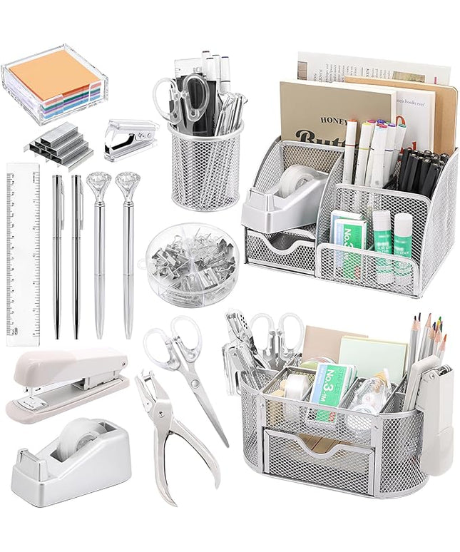 17 in1 Silvery Desk Organizers and Accessories Set, 3 Office Desk Supplies Storage Organization, 4 Pens, Stapler, Staples & Remover, Tape & Dispenser, Scissors, Ruler, Clips, Hole Punch Back to School