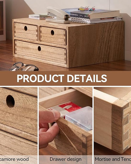 Kirigen Wooden Desktop Organizer - Office Supplies Filing Tidy Storage Shelf - Storage Cabinet/Jewelry Organizer with 3 Drawers(BR, 2-Layer &3 Drawers)