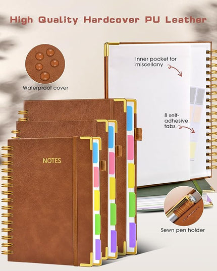 Hardcover Spiral Notebook 8.5"x11" Journal with Removable Dividers Tabs, 300 Pages Leather 5 Subject Notebook College Ruled, Large A4 Notebooks for Work School, Journal for Women, A4 Light Brown