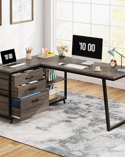 Tribesigns L-Shaped Desk with 3 Drawers, Reversible Corner Home Office Computer Desk with Shelves, 53-Inch Industrial PC Desk Study Writing Table Workstation for Small Space, Grey