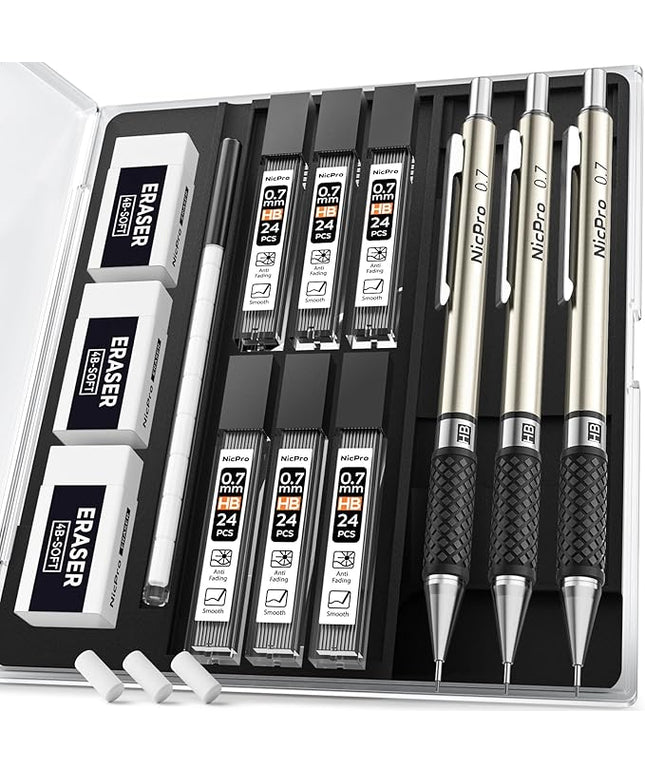 Nicpro 0.7 mm Art Mechanical Pencil Set in Storage Case, 3 PCS Metal Drafting Pencil Lead Pencil with 6 Tube HB Lead Refills, 3 Erasers, 9 PCS Eraser Refills for Artist Writing, Drawing, Sketching