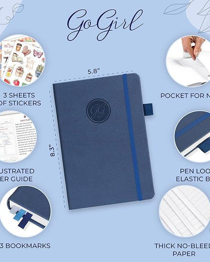 GoGirl Self-care Journal – Daily Mental Health Notebook with Mood & Wellness Trackers – Personal Development, Meditation & Reflection Journal for Women – Hardcover, Lasts 3 Months (Indigo Blue)
