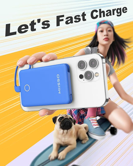 miisso 6000mah Ultra Slim Built in Cables Power Bank, Card Size Built in USB C Cords Battery Pack Portable Charger for Phones, 3 Output External Battery Pack Compatible with iPhone, Deep Blue