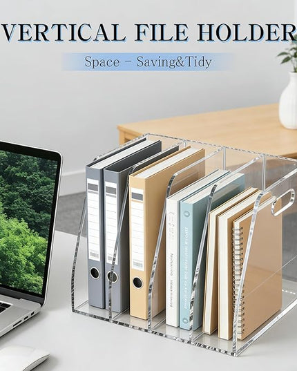 4-Tier Clear Acrylic File Holder, Vertical Document Organizer for Magazines, Binders, Notebooks & Envelopes - Multi-Purpose Desk Storage for Home Office（B5,4 Sections）