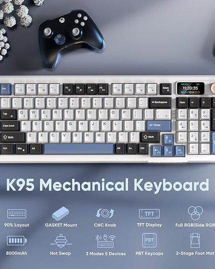 RedThunder K95 Wireless Mechanical Keyboard, TFT Screen & Knob, Tri-Mode BT5.0/2.4GHz/USB-C Hot Swappable Custom, Pre-lubed Linear Switches, Gasket Structure, RGB Gaming Keyboard, Snowy White-Blue