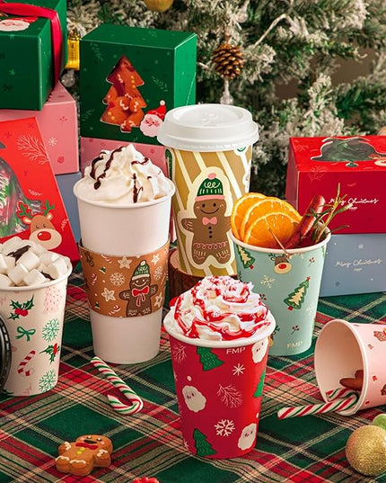 Fit Meal Prep 50 Pack 12 oz Christmas Disposable Coffee Cups with Lids, Sleeves, Leak-Proof To Go Coffee Cups with Lids, Durable Holiday Hot Paper Cups for Home, Office, Party, Business