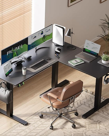 Claiks L Shaped Height Adjustable Electric Standing Desk with Dual Motors and Headphone Hook,59" Corner Sit Stand Desk with Memory Presets for Home Office & Gaming, Black
