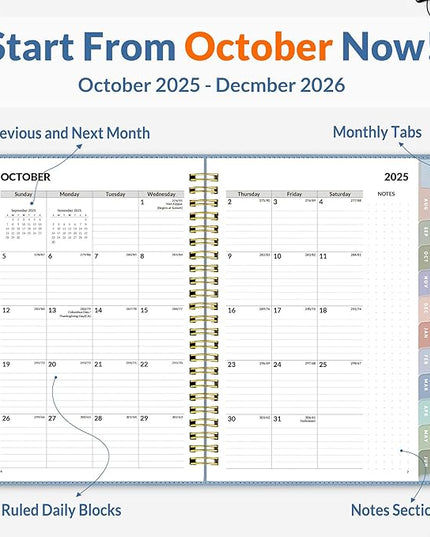 SUNEE 2026 Weekly & Monthly Planner 6.4"x8.5"- 12 Month (January 2026 - December 2026), Vegan Leather Cover, Pocket, Bookmark, Notes, Monthly Tab, Gray Blue