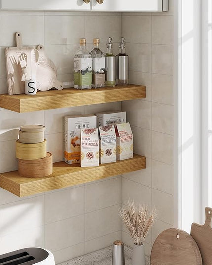 Fun Memories Floating Shelves Set of 2, 24 Inch Floating Shelves for Wall, Wood Wall Shelves with Invisible Brackets, for Bathroom, Bedroom, Living Room, Kitchen, Oak