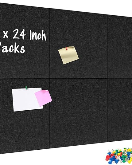 DOLLAR BOSS Felt Cork Board Tiles, 6 Packs 12" x 12" 1/2" Thick Cork Bulletin Board Self Adhesive Acoustic Panels Soundproof Corkboards for Walls with 60 Pushpins for Home Office Kitchen School, Black