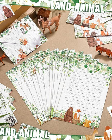 TaoBary 160 Pcs Stationery Paper Set 50 Double Sided Stationery Papers with 50 Matching Envelopes and 60 Round Dot Sticker, 10 Design(Land Animal,5.5 x 8.25 Inch)