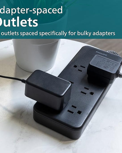 Philips 6-Outlet Surge Protector, 8 Ft, Braided Cord, 1080 Joules, Adapter-Spaced, Black, SPC6066BB/37