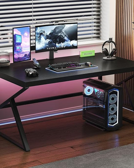 HSH Black Computer Desk, Long Home Office Laptop PC Desk, Large Industrial Metal Wood Executive Writing Gaming Workstation Desk, Modern Simple Student Study Work Table for Bedroom Living Room, 60 Inch