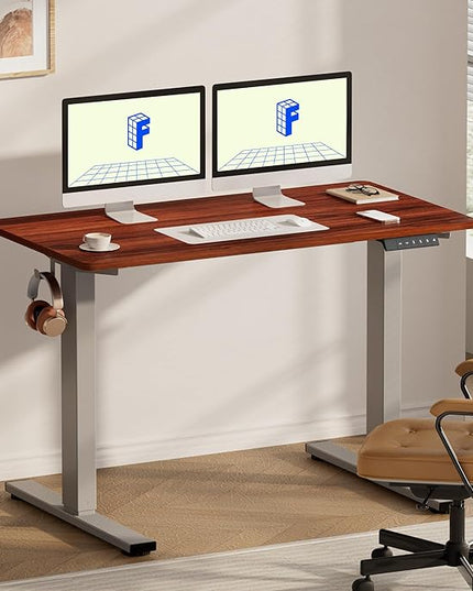 FLEXISPOT EN1 One-Piece Standing Desk with 1-Inch Thick Desktop, 55"x28" Electric Height Adjustable Desk for Home Office & Multi-Device Workstations, Mahogany(Silver Frame)