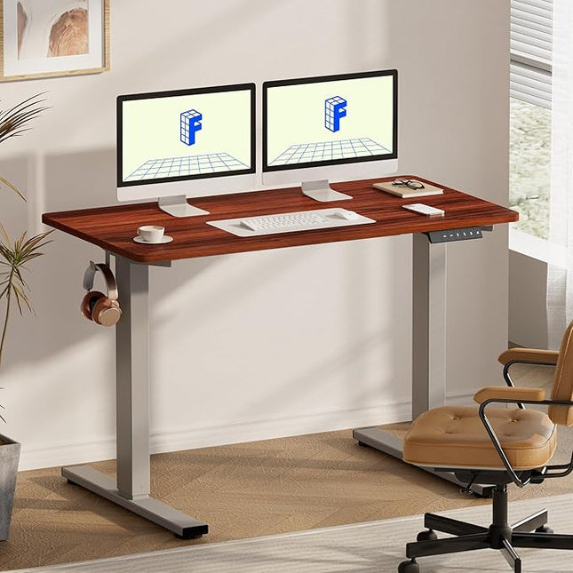 FLEXISPOT EN1 One-Piece Standing Desk, 55 x 28 Inches Electric Height Adjustable Stand Up Desk for Workstation (Silver Frame + Mahogany Top, 2 Packages)