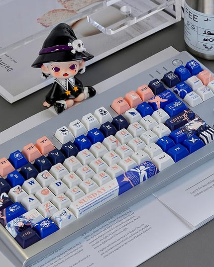 PBT Material Keycaps 130 Keys，Japanese Anime Style Keycaps Cherry Profile Dye Sublimation Keycap Blue White Custom Key Cap Set for Mechanical Keyboard 61/64/75/84/87/104/108 Layout