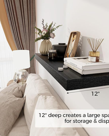 Black Floating Shelves 36 Inch Long, 12 Inch Deep Floating Shelves for Wall, 36 x 12 Shelves for Wall Storage & Display, 2" Thick Floating Shelf for Bathroom, Living Room, Bedroom, Set of 1