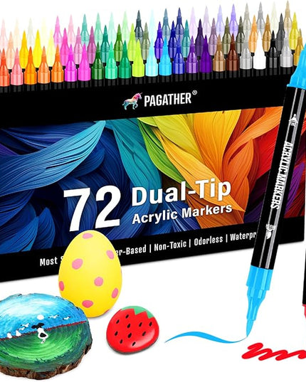 72 Colors Acrylic Paint Markers, Dual Tip with Fine Tip and Brush Tip Pens for Stone, Wood, Calligraphy, Canvas, Ceramic, Metal, Glass, Rock Painting, DIY Crafts