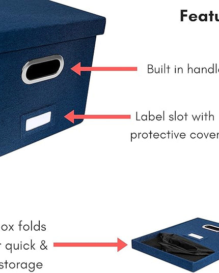 Internet's Best Collapsible File Storage Organizer - Decorative Linen Filing & Storage Office Box - Letter/Legal - Navy - 1 Pack