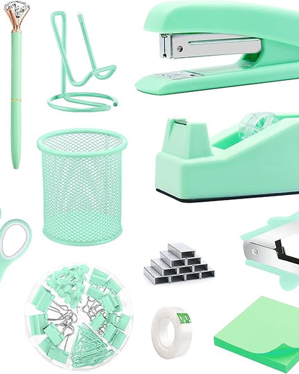 Green Office Supplies, Green Desk Accessories, Stapler, Staple Remover, Tape Holder, Pen Holder, Ballpoint Pen, Scissor, Binder Clips, 1000pcs Staples, Phone Holder, Ruler, Transparent Glue and Notes