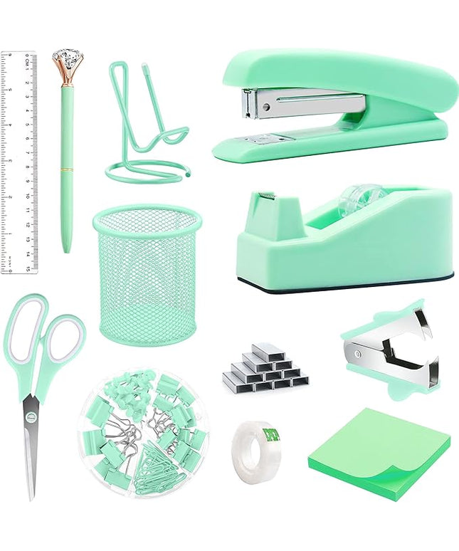 Green Office Supplies, Green Desk Accessories, Stapler, Staple Remover, Tape Holder, Pen Holder, Ballpoint Pen, Scissor, Binder Clips, 1000pcs Staples, Phone Holder, Ruler, Transparent Glue and Notes