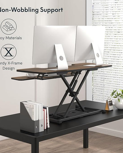 FLXISPOT 42" Standing Desk Converter Sit to Stand up Riser Height Adjustable Monitor and Laptop Workstation with Spacious 2-Tier Desktop, Walnut Color