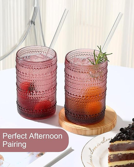 Vintage Glassware Drinking Glasses Set of 6,15 oz Hobnail Glass Cups,Embossed Purple Water Tumbler,for Beer,Cocktail,Whiskey,Juice and Various Mixed Drinks- 1 Cleaning Brush