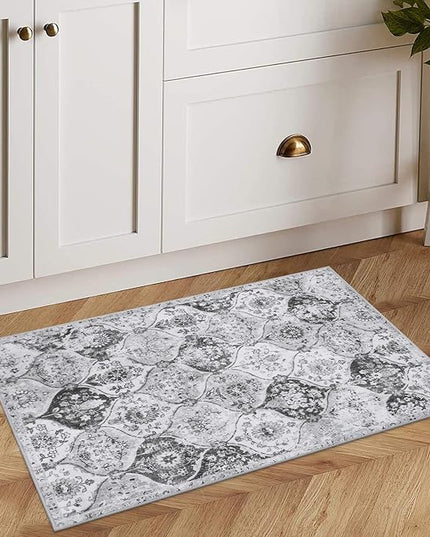 Lahome Moroccan Trellis Washable Rug, 2x3 Kitchen Rugs for Entryway Bathroom, Non-Slip Indoor Door Mat Ultra-Thin, Small Oriental Throw Carpet for Bedroom Entry, Silver/Grey