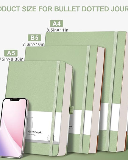 AHGXG Bullet Dotted Journal - 320 Numbered Pages Dot Grid Notebook A5 Thick Journal, 100gsm Thick Dotted Paper, Leather Hardcover,Inner Pocket, 5.75'' × 8.38''-LightGreen