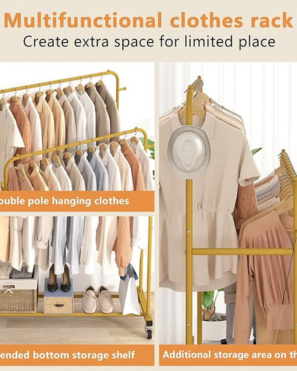 Laiensia Double Rods Garment Rack with Wheels, Clothing Rack for Hanging Clothes,4 Hooks, Multi-functional Bedroom Clothes Rack, Gold