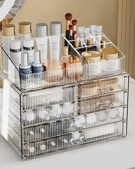 ZHIAI Stackable Storage Drawers, Acrylic Bathroom Counter Organizer Clear Makeup Organizers for Vanity, Kitchen Cabinets, Bathroom, Undersink, Home Organization and Storage (1 Top 6 Drawers)