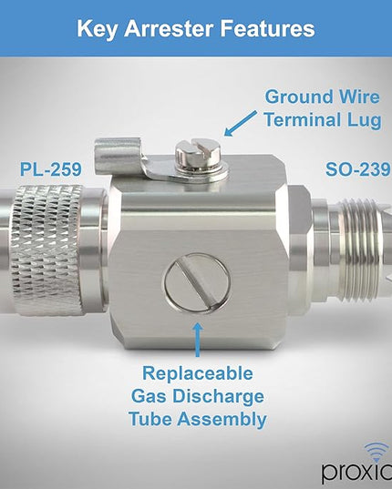 Proxicast Coaxial Lightning Arrester/Suppressor with PL-259 & SO-239 (M/F) Connectors - Pro-Grade Coax Cable Surge Protector for HF, VHF, UHF, CB, Ham, Two-Way Radio and Other Antennas (ANT-234-002)