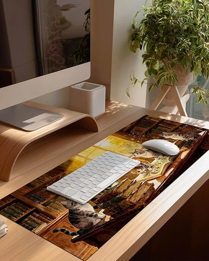 XL Mouse Pad 31.5 x 11.8 Inch Gaming Mousepad Diatomite Large Keyboard Mouse Pad for Home and Office Desk Accessories with Cozy Library Cat Study Artwork
