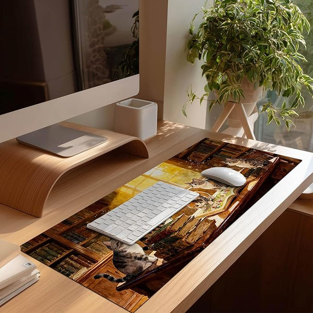XL Mouse Pad 31.5 x 11.8 Inch Gaming Mousepad Diatomite Large Keyboard Mouse Pad for Home and Office Desk Accessories with Cozy Library Cat Study Artwork