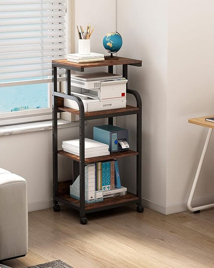 4-Tier Printer Stand with Adjustable Storage Shelf, Large Tall Printer Table with Wheels for Home Office Small Spaces Organization, Rustic Brown
