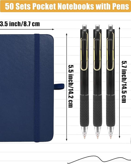 Aodaer 50 Sets Pocket Notebook Journal with Pens, 160 Pages, 3.5 x 5.5 Inch Mini Lined Journal Notebook A6 Leather Hardcover College Ruled Notepad with Pen Holder for School Office Gifts, Navy Blue