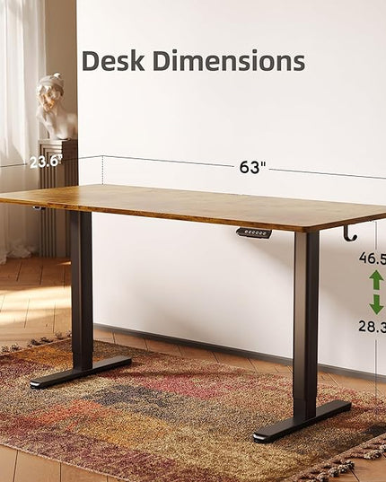 INNOVAR Electric Standing Desk, Adjustable Height Stand up Desks, 63 x 24 Inches Sit Stand up Desk for Home Office Computing, 3-Preset Memory Height Ergonomic Rising Desks, Rustic Brown