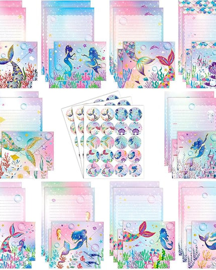TaoBary 160 Pcs Stationery Paper Set 50 Double Sided Stationery Papers with 50 Matching Envelopes and 60 Round Dot Sticker, 10 Design(Mermaid,5.5 x 8.25 Inch)