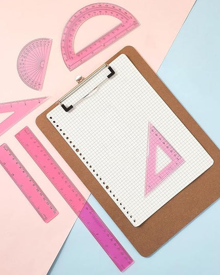 Tenare 1 Set Plastic Clear Math Set Includes Protractor Triangle Rulers 12 Inch 6 Inch Straight Geometry Math Transparent Ruler Measuring Tool for School Office Home Supplies(Pink)
