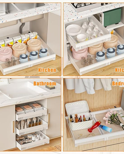 Hisencn Pull Out Cabinet Organizer, Expandable Width 13.9"-22", 21.8" Deep Heavy Duty Slide Out Drawer for Kitchen Cabinets, No Drill Roll Out Shelves with Adhesive Nano Film (White)