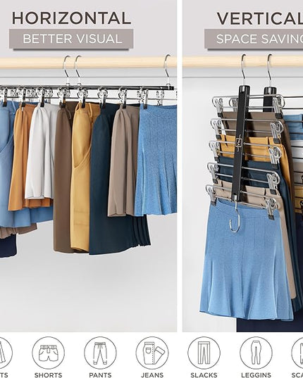 MORALVE Skirt Hangers Space Saving with Clips - 2 Pack - European Beechwood 5-Tier Hanger for Shorts, Skirts, and Pants - Closet Organizer and Storage Solution for Women with 360° Swivel Hook