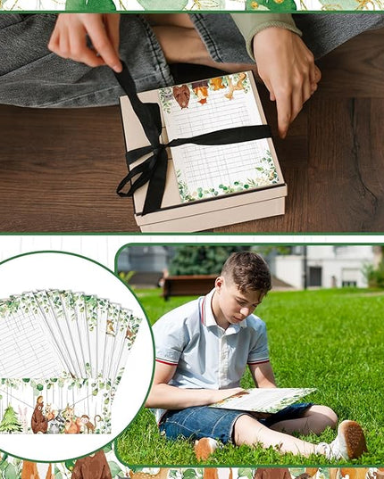 TaoBary 160 Pcs Stationery Paper Set 50 Double Sided Stationery Papers with 50 Matching Envelopes and 60 Round Dot Sticker, 10 Design(Woodland Animal,8.5 x 11 Inch)