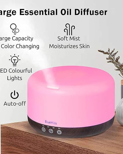 BlueHills Premium 1000 ML Large Essential Oil Diffuser Humidifier for Room Home Aromatherapy Big Capacity Oil Diffuser with Décor LED Lights Long Running Round Diffuser Dark Wood Grain – D002
