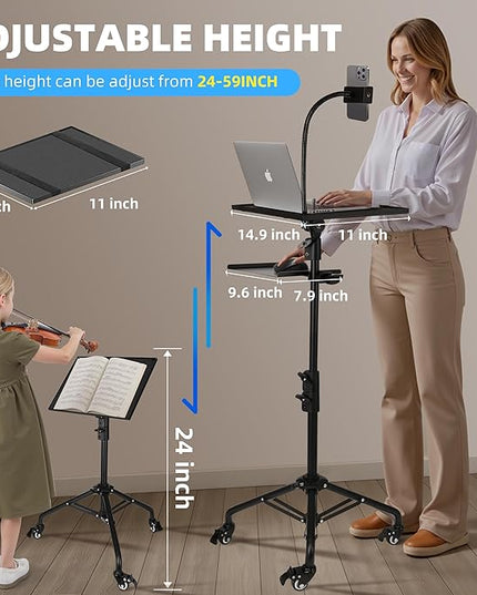 Projector Stand Tripod – 24 to 59 Inch Adjustable Height – Dual Shelves Laptop Tripod Stand with Moveable Wheels and Phone Holder, Portable Laptop Stand for Office, Stage & Outdoor Use