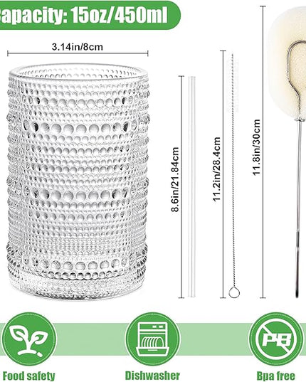 Hobnail Drinking Glasses with Straws 15oz Vintage Glassware Set of 6 Embossed Vintage Water Cups, Highball Glasses for Cocktail,Whiskey,Beer and Juic
